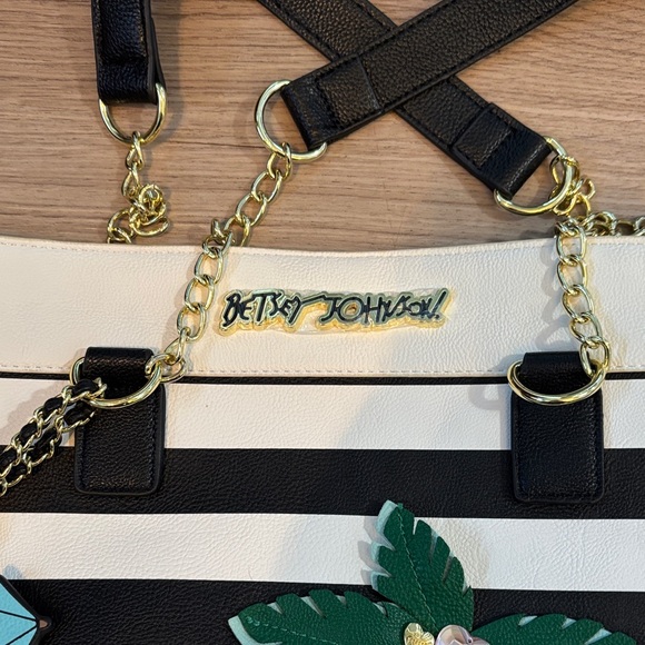 Betsey Johnson Cream and Black Striped Tote with Palm Tree Accents - Picture 2 of 6